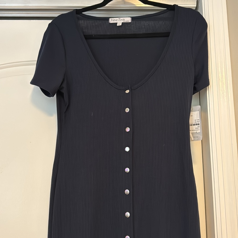 Velvet Torch Navy Sheath Midi Dress Short Sleeve Crew Neck - Picture 2 of 9